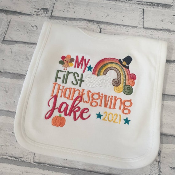 Personalised First Thanksgiving Bib, Embroidered Rainbow 1st Thanksgiving Baby Bib, Pumpkin/Turkey Design, Baby Gift