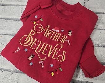Red Personalised Christmas Matching Family Sweatshirt - Embroidered Name Believes Jumper - Christmas Personalized Gifts for Kids and Family