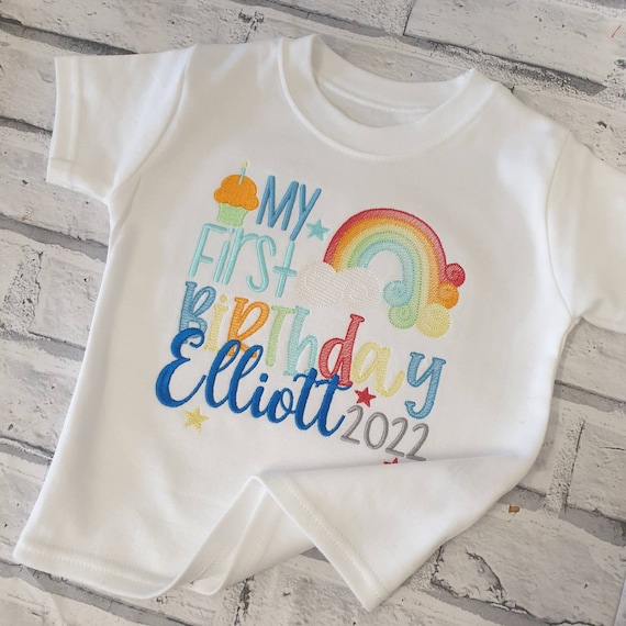 Personalised 1st Birthday T Shirt, Embroidered First Birthday T Shirt, Boys Rainbow Birthday T shirt