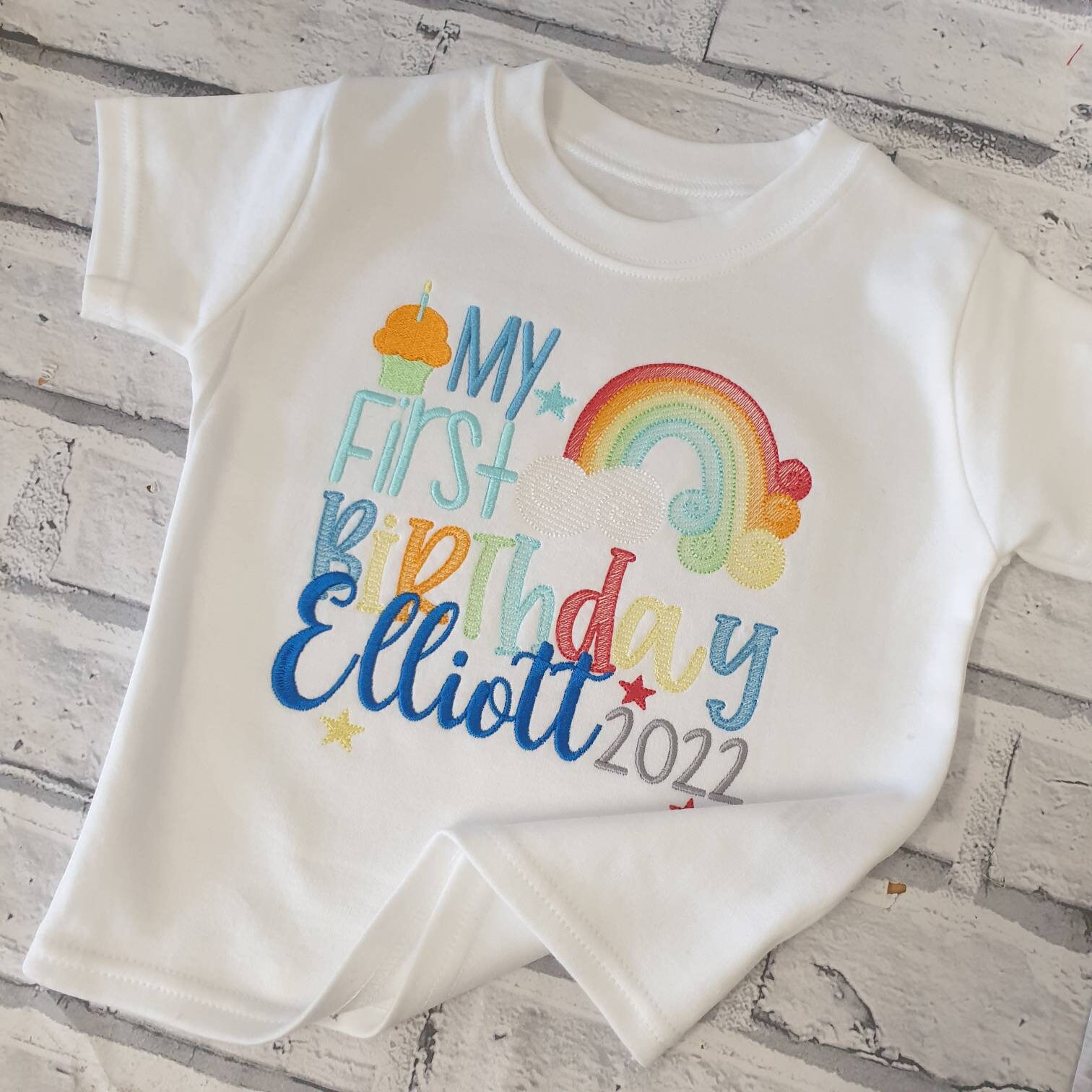 StitchupLooksharpUK Personalised 1st Birthday T Shirt Embroidered First Birthday T Shirt Boys Rainbow Birthday T Shirt