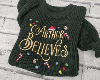 Green Personalised Matching Family Christmas Sweater - Embroidered Name Believes Christmas Jumper - Cozy Oversized Knitted Jumper