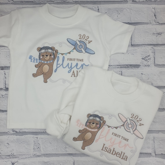 Personalised First Time Flyer T shirt, Embroidered First Time Flyer Sweatshirt, Child's Holiday T shirt, My First Holiday Sweatshirt, Plane