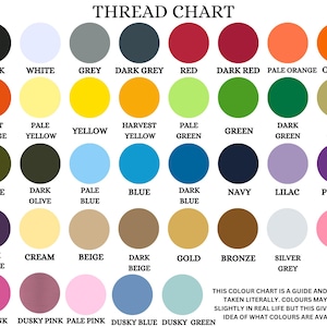 May include: A thread chart featuring a grid of colored circles with corresponding labels including black, white, grey, red, orange, yellow, green, blue, purple, pink, and various shades of brown and beige, with a disclaimer about color accuracy.