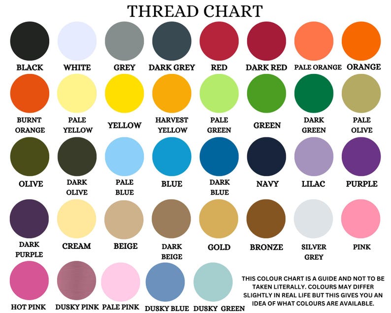 May include: A thread chart featuring a grid of colored circles with corresponding labels including black, white, grey, red, orange, yellow, green, blue, purple, pink, and various shades of brown and beige, with a disclaimer about color accuracy.