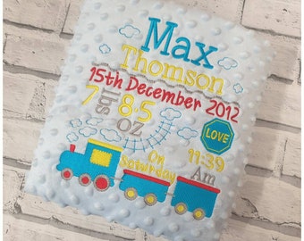 Personalisierte Zug Babydecke, gestickte Luxus Grübchen Decke, personalisierte Baby Jungen Decke, gestickte blaue Decke mit Zug, Geschenk