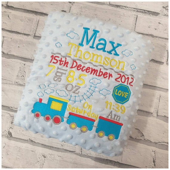 Personalised Train Baby blanket, Embroidered Luxury Dimple Blanket, Personalised Baby Boy Blanket, Embroidered Blue Blanket With Train, Gift