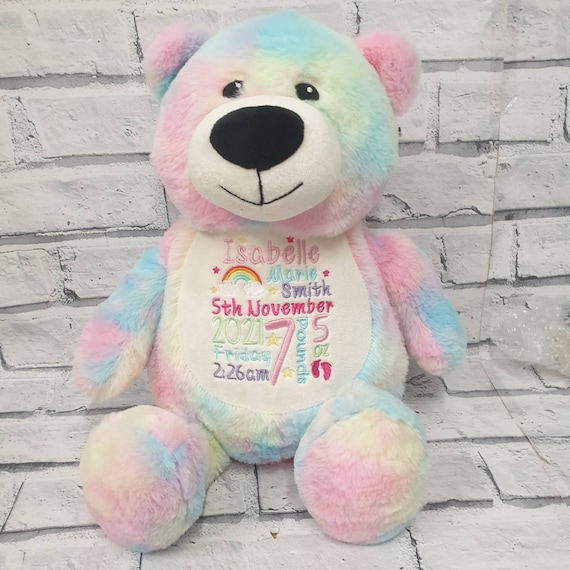 Personalised Teddy Bear, Embroidered Rainbow Bear, Personalised Baby Gift For Girls And Boys, Custom Bear