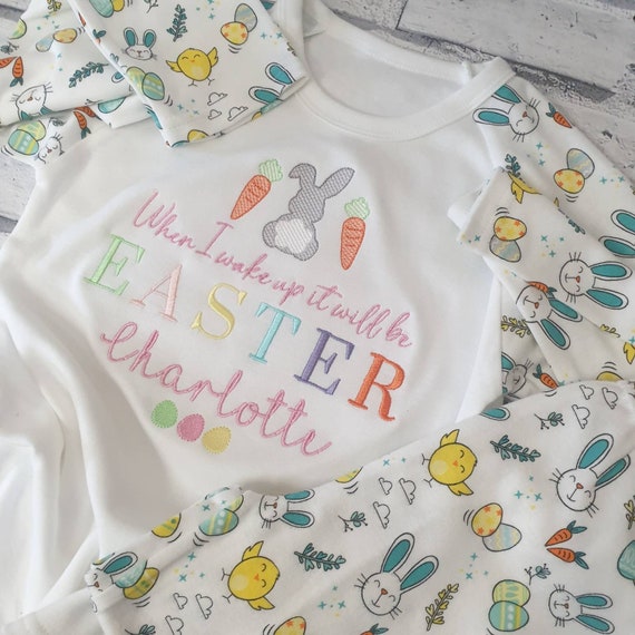 Personalised Easter Pyjamas, Embroidered Easter Pjs, Personalised Toddler Pyjamas, When I Wake Up It Will Be Easter Pyjamas,