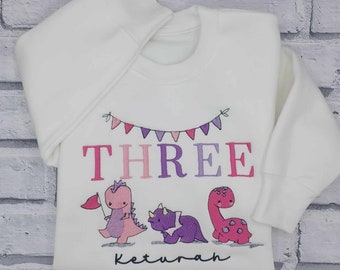 Personalised 3rd Birthday T Shirt, Embroidered Third Birthday Sweatshirt, Personalised Dinosaur Birthday T shirt, Embroidered Pink Dino Tee