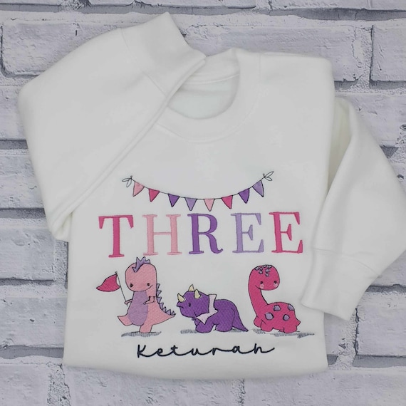 Personalised 3rd Birthday T Shirt, Embroidered Third Birthday Sweatshirt, Personalised Dinosaur Birthday T shirt, Embroidered Pink Dino Tee