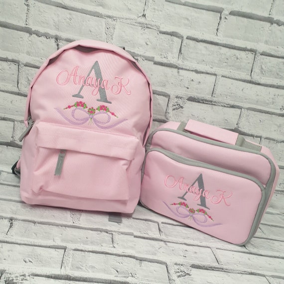 Personalised Toddler Backpack and Lunch Bag Set,Rucksack, Lunch Box, Cooler Bag, Flower And Bow Design, Nursery Bag, Flower School Bag
