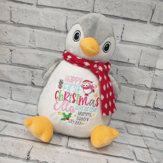 Personalised Christmas Bear, Embroidered First Christmas Gift, penguin Design, Grey Penguin For Girls And Boys