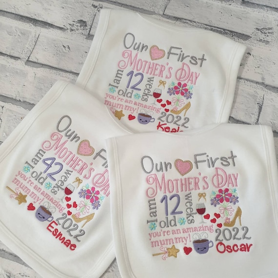 Personalised Our First Mother's Day Baby Bib, Embroidered Our 1st Mothers Day Bib, Baby Gift