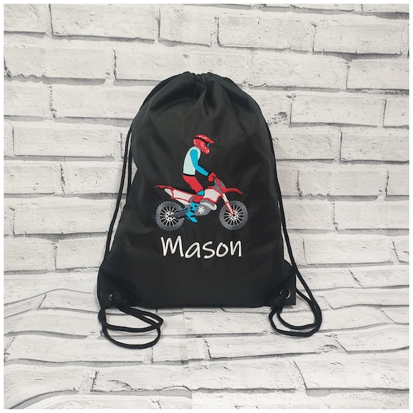 Personalised Motorcross P.E/School Bag, Embroidered Swimming Bag, Embroidered Drawstring Bag