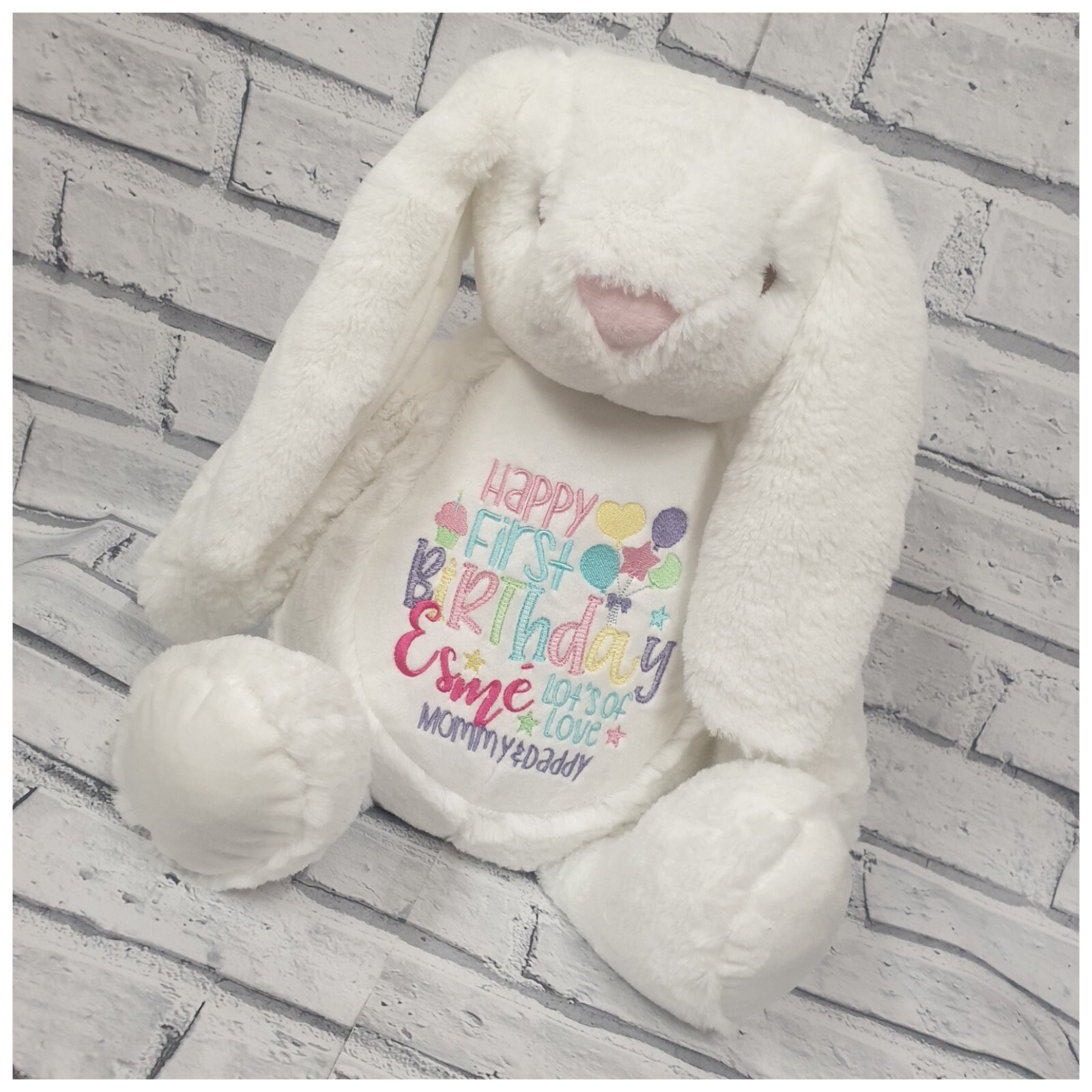 Personalised Rabbit Teddy Bear , Embroidered First Birthday Gift