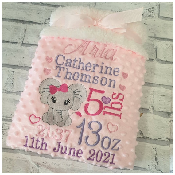 Personalised Elephant blanket, Embroidered Luxury Dimple Baby Blanket, Full Birth Detail, Gift