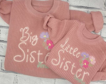 Personalised Matching Sibling Set, Sibling Matching Jumper Set, Embroidered Big Sister Knitted Jumper, Personalised Little Sister sweater