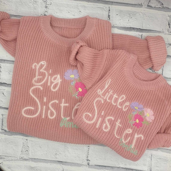 Personalised Matching Sibling Set, Sibling Matching Jumper Set, Embroidered Big Sister Knitted Jumper, Personalised Little Sister sweater