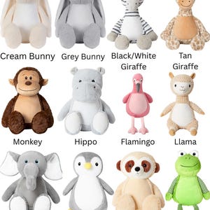 May include: A collection of twelve plush stuffed animals including a cream bunny, grey bunny, black and white giraffe, tan giraffe, monkey, hippo, flamingo, llama, elephant, penguin, meerkat, and frog, each labeled with its name below.