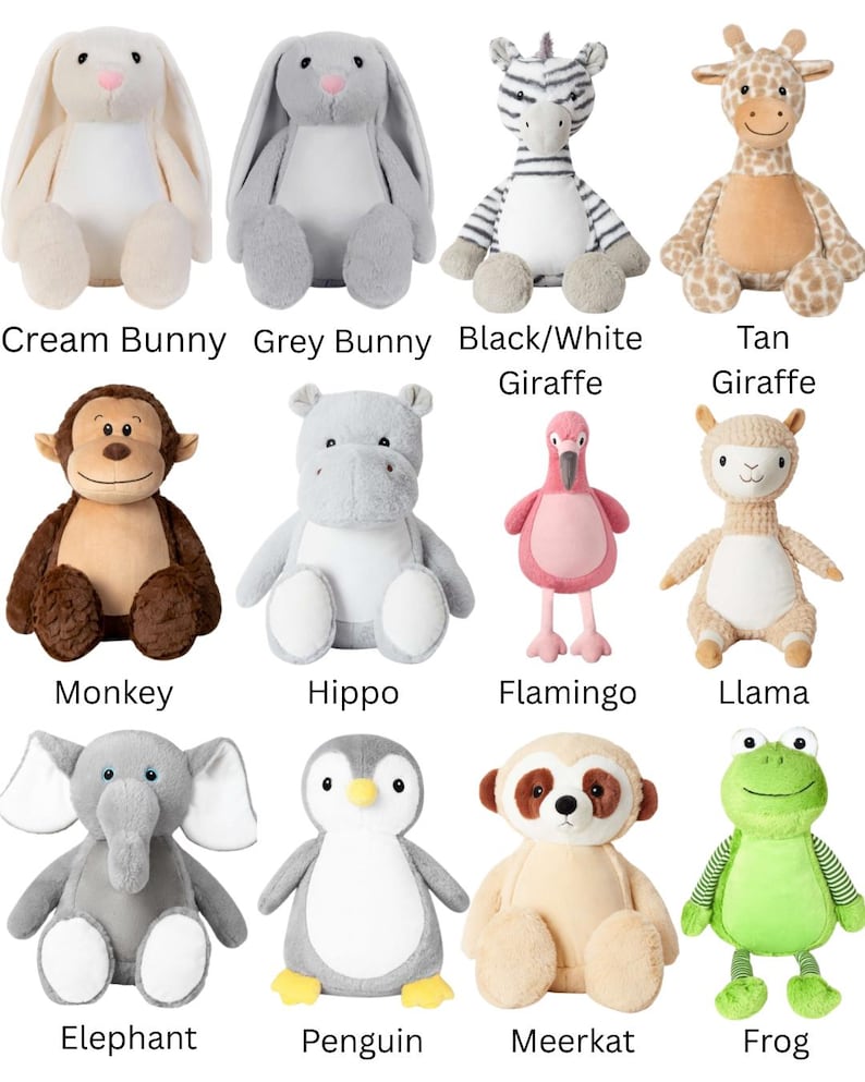 May include: A collection of twelve plush stuffed animals including a cream bunny, grey bunny, black and white giraffe, tan giraffe, monkey, hippo, flamingo, llama, elephant, penguin, meerkat, and frog, each labeled with its name below.