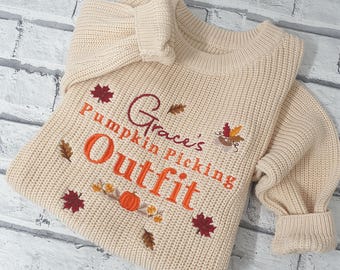 Personalised Halloween Jumper, Embroidered pumpkin Knitted jumper, Little Pumpkin Baby Jumper, Embroidered Pumpkin Picking Sweater