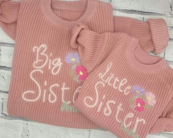 Personalised Matching Sibling Set, Sibling Matching Jumper Set, Embroidered Big Sister Knitted Jumper, Personalised Little Sister sweater
