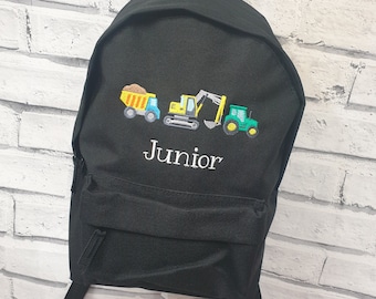 Personalised Toddler BackPack, Embroidered Dumper Truck Rucksack, Digger Nursey Bag, Tractor School Bag, Unisex, Boy, Construction Rucksack