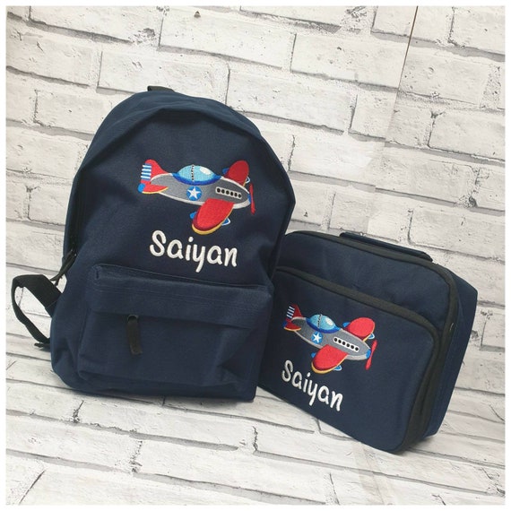 Personalised  Backpack and Lunch Bag Set, Rucksack, Lunch Box, Cooler Bag, Plane Design, Nursery Bag, School Bag