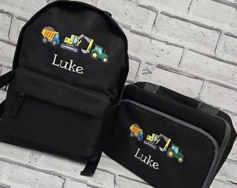 Personalised Toddler Backpack and Lunch Bag Set, Embroidered Construction Vehicle Rucksack, Personalised Digger Lunchbox, Tractor Lunchbag