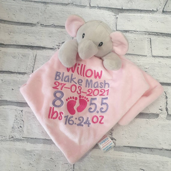 Personalised Elephant Comfort Blanket, Embroidered Elephant comforter, Pink Elephant Plush Blanket, Full Birth Details, New Baby Gift