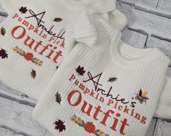 Personalised Halloween Jumper, Embroidered pumpkin Knitted jumper, Little Pumpkin Baby Jumper, Embroidered Pumpkin Picking Sweater