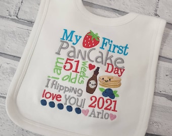 Personalised My Pancake day Bib, Embroidered 1st pamcake day Baby Bib, Baby Gift,