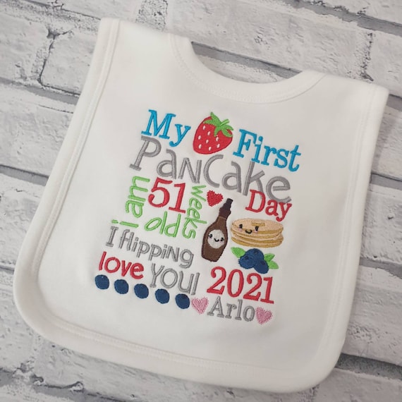 Personalised My Pancake day Bib, Embroidered 1st pamcake day Baby Bib, Baby Gift,