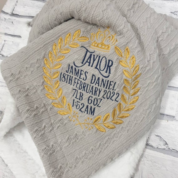 Personalised Baby Blanket, Embroidered knitted Baby Blanket, Pom Pom Blanket, Embroidered Crown Blanket, Blanket with Birth Details