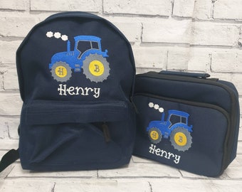 Personalisierter Kleinkind Rucksack und Lunchbag Set, gestickter blauer Traktor Rucksack, Lunchbox, Kühltasche, Traktor Design, Kindergartentasche