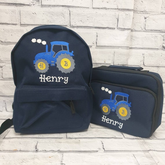 Personalised Toddler Backpack and Lunch Bag Set, Embroidered Blue Tractor Rucksack, Lunch Box, Cooler Bag, Tractor Design, Nursery Bag