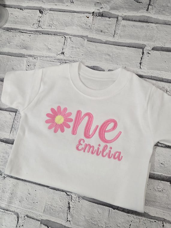 Personalised First Birthday T shirt, Embroidered One top with Flower