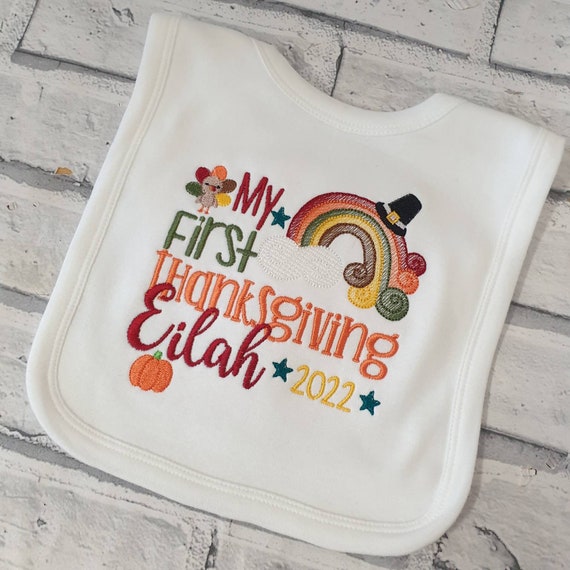 Personalised First Thanksgiving Bib, Embroidered Rainbow 1st Thanksgiving Baby Bib, Pumpkin/Turkey Design, Baby Gift