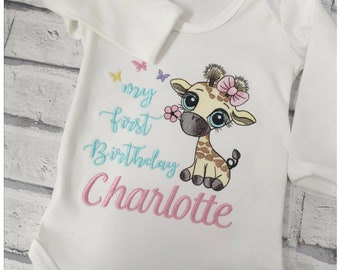 Gilet bambino personalizzato per il primo compleanno, T shirt ricamata per il primo compleanno, design giraffa