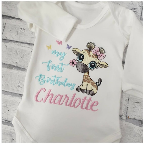 Personalised First Birthday Baby Vest, Embroidered First Birthday T shirt, giraffe Design