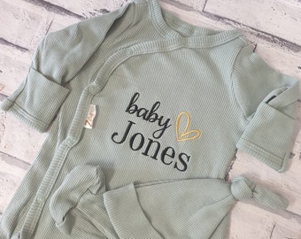 Personalised Embroidered Baby Romper, Custom Ribbed New Born Sleepsuit, Baby Announcement Clothing
