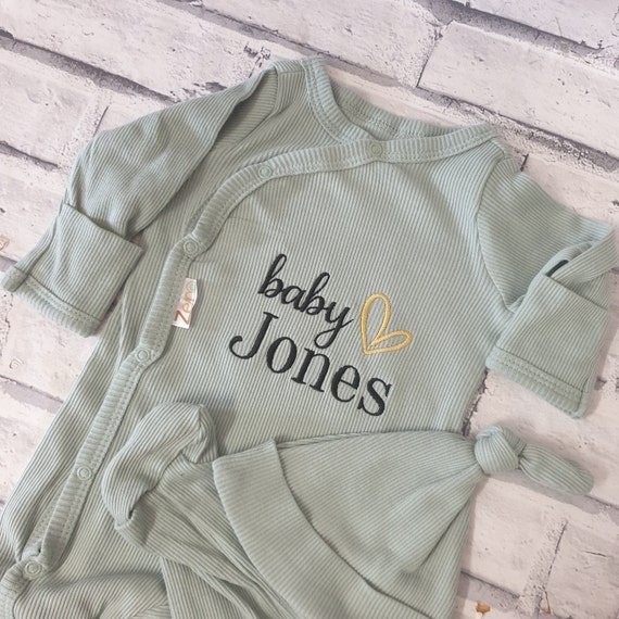 Personalised Sleepsuit, Embroidered Ribbed Romper, Newborn Sleepsuit And Hat, Gender Neutral Gift Set, Baby Shower Gift, Matching Baby Set