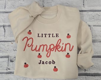 Personalised Little Pumpkin Sweatshirt ~ Custom Embroidery Baby Fall Jumper ~ Autumn Kids and Baby Embroidered Clothing great Gifts for Kids