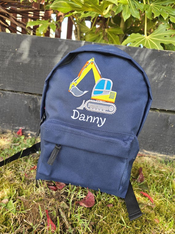 Personalised Embroidered Children's Digger Rucksack, Excavator Nursery Backpack, Toddler Construction Bag