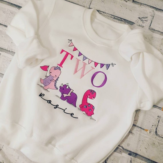 Personalised 2nd Birthday T Shirt, Embroidered 2nd Birthday Sweatshirt, Personalised Dinosaur Birthday T shirt, Embroidered Pink Dino Tee