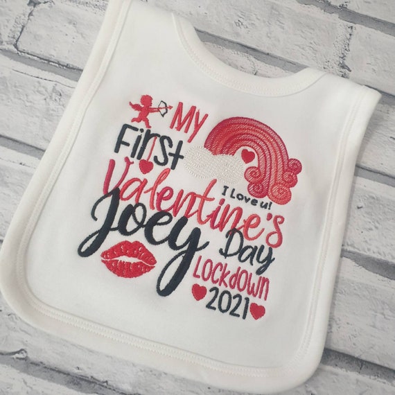 Personalised First Valentines Day Bib, Embroidered Rainbow 1st Valentines Day Baby Bib