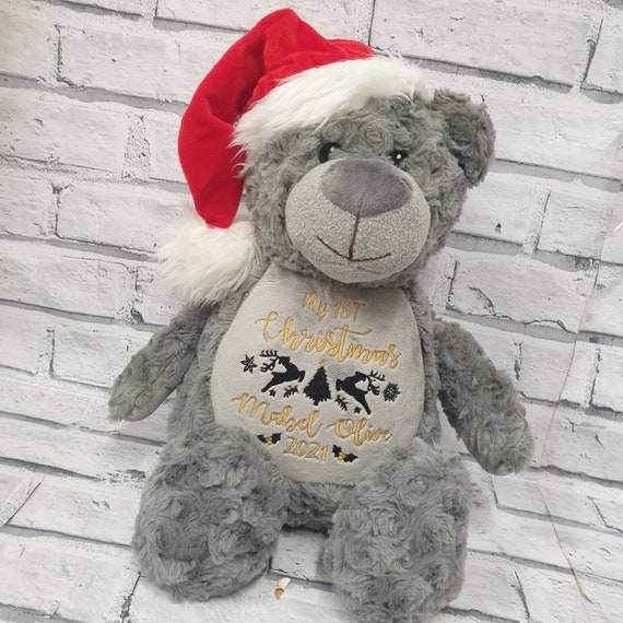 Personalised Christmas Bear, Embroidered First Christmas Teddy Bear, Reindeer Design, Grey Bear For Girls And Boys