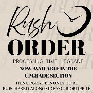 May include: A beige poster with black text that reads "NEED YOUR ORDER SOONER? Rush ORDER PROCESSING TIME UPGRADE NOW AVAILABLE IN THE UPGRADE SECTION". A clock graphic is also present.