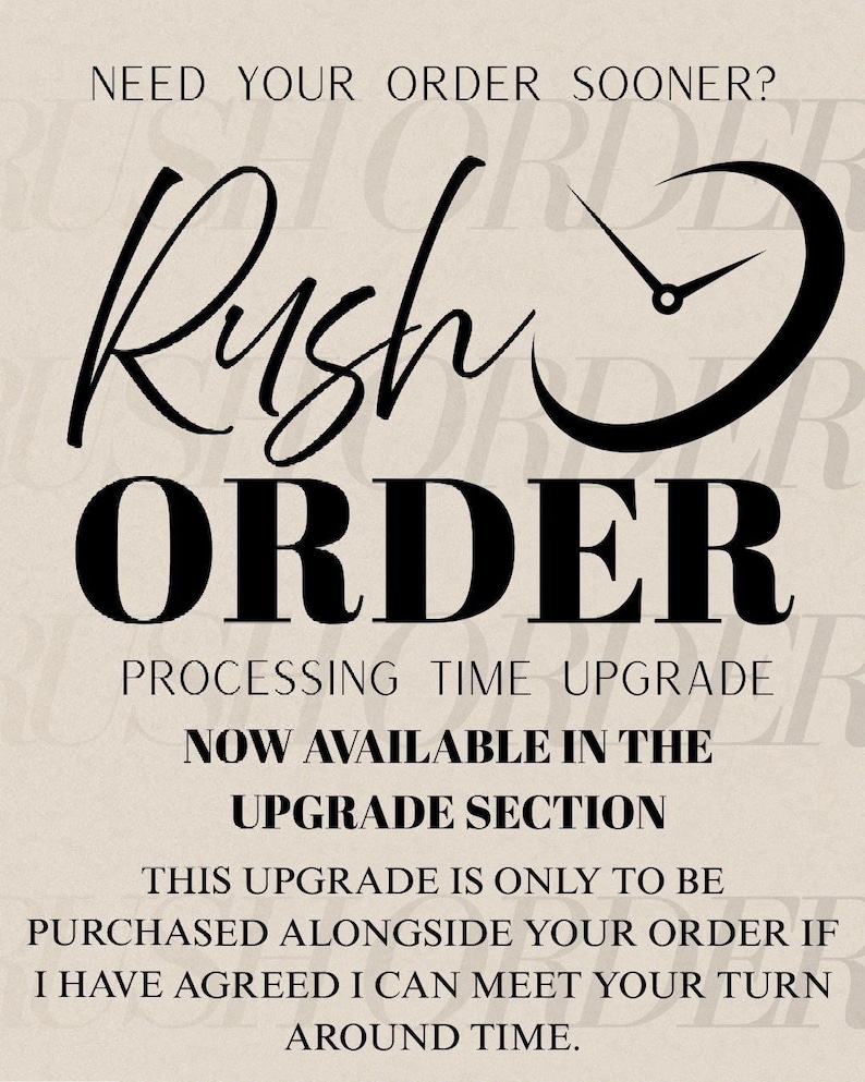 May include: A beige poster with black text that reads "NEED YOUR ORDER SOONER? Rush ORDER PROCESSING TIME UPGRADE NOW AVAILABLE IN THE UPGRADE SECTION". A clock graphic is also present.