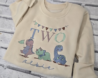 Personalised Embroidered Birthday Dinosaur Sweatshirt ~ Cute Dino Jumper with Custom Name and Age ~ Kids and Baby Personalized Clothing